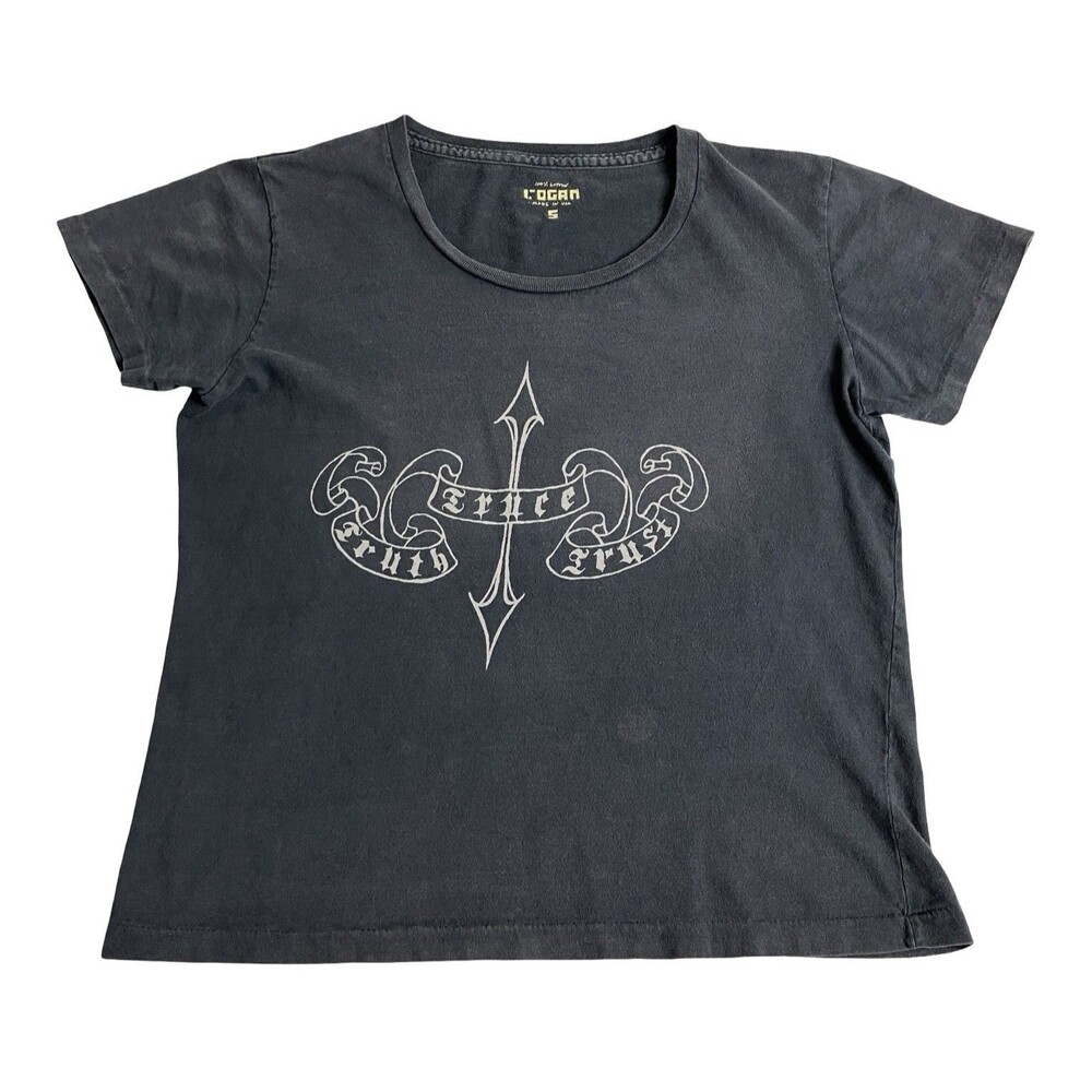 Y2K Rogan NYC Baby Tee Shirt Womens Small Gray Faded Streetwear Mall Goth Grunge